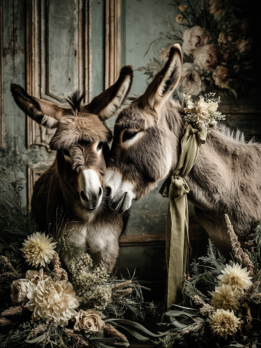 two donkeys touching noses with cream florals and greenery on 4x6 wood block