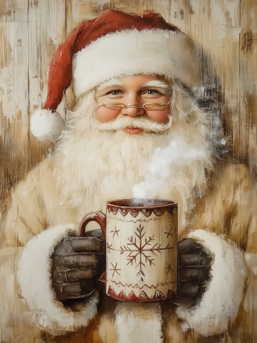 santa in cream coat holding hot chocolate with red hat and cabin background on 6x4 wood block