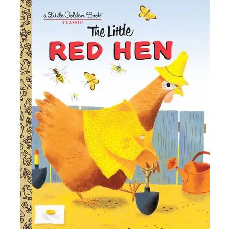 little golden book cover of the little red hen with colorful farm animals by j. p. miller
