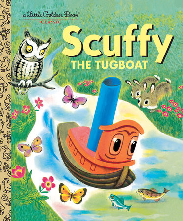 little golden book cover of scuffy the tugboat featuring the adventurous tugboat on the river