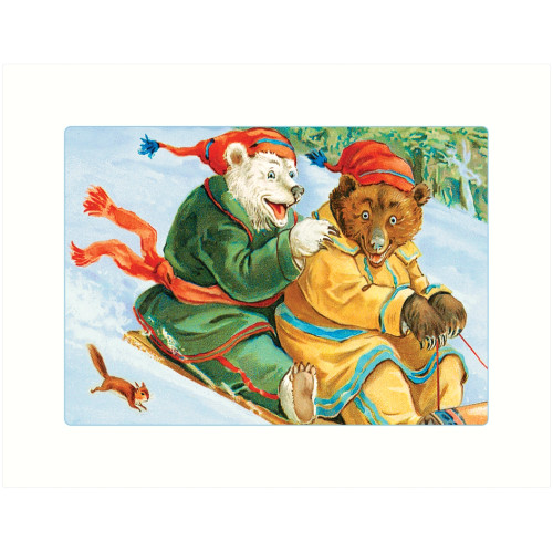 two bears in vintage hats racing downhill on toboggan with chipmunk following, vintage winter illustration