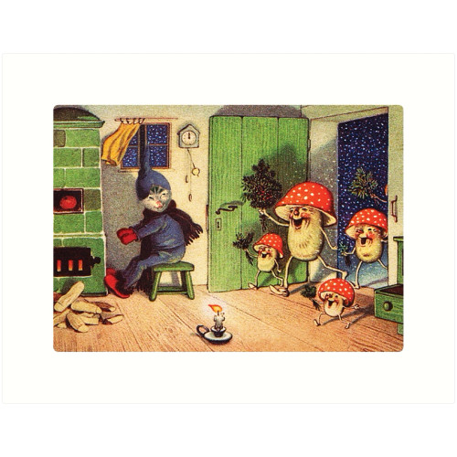 magical mushroom family visiting cottage while cat warms by fire, whimsical woodland illustration