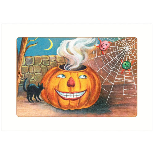 large jolly pumpkin watching tiny pumpkins caught in spider web with black cat nearby, vintage halloween illustration