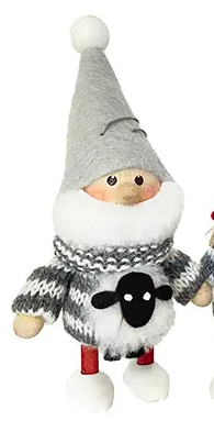nisse ornament wearing grey hat and sheep‑pattern sweater with white beard and hanging string