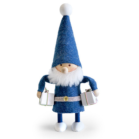 blue‑clad elf figurine with white beard holding two wrapped packages