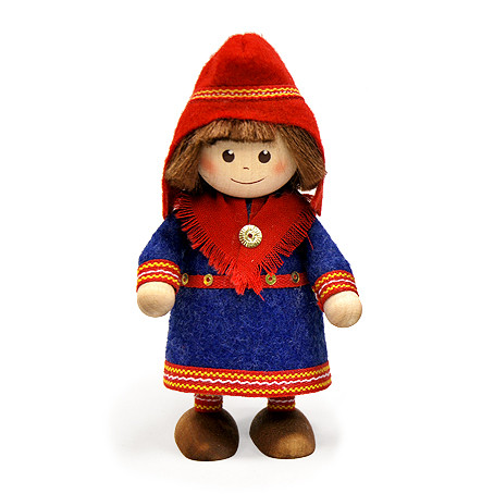 lapland girl figurine in blue coat with red shawl and folk‑trim detail