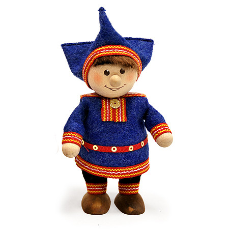 lapland boy figurine in blue tunic with folk‑trim and traditional northern hat