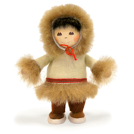 eskimo girl figurine in fur‑trimmed parka with woven belt and red tie