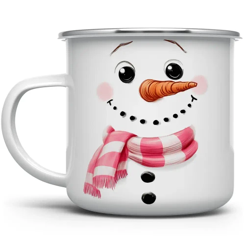 snowman enamelware mug with rosy cheeks, carrot nose, dotted smile, and pink striped scarf