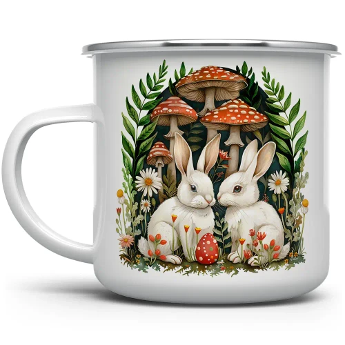 storybook woodland bunny enamelware mug with mushrooms and flowers
