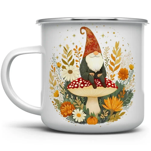 storybook autumn gnome enamelware mug with mushrooms and golden leaves