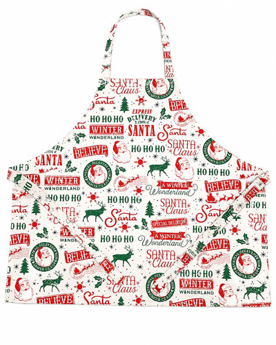 Hand‑crafted Christmas apron called “Special Delivery,” single‑sided 100% cotton, featuring Santa postage marks, reindeer, holly, and festive red‑green holiday motifs.