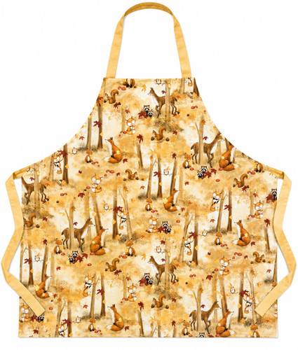 Golden autumn woodland apron with foxes, raccoons, squirrels, and deer on warm forest tones