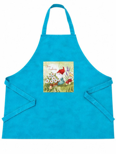 Turquoise apron with an 8×8 pocket featuring a gnome sitting among flowers and mushrooms with “Show Kindness” text