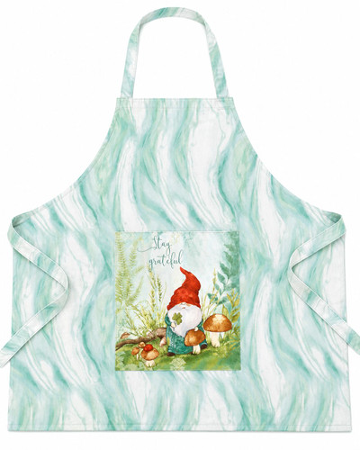 Light green marbled apron with an 11×10 pocket featuring a gnome holding a four‑leaf clover with “Stay Grateful” text