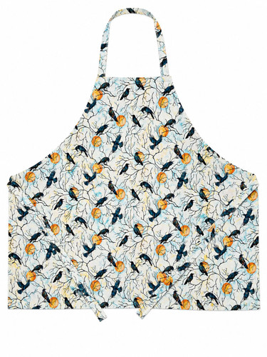 Autumn‑themed apron with crow and branch silhouettes against warm moon accents featuring matching head loop and waist ties