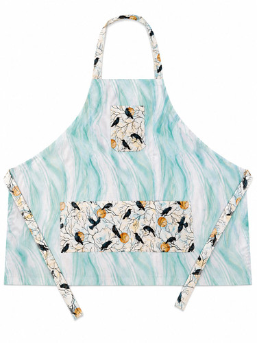 Soft green marbled apron with crow‑and‑branch pockets and matching straps featuring two front pockets in coordinating fabric