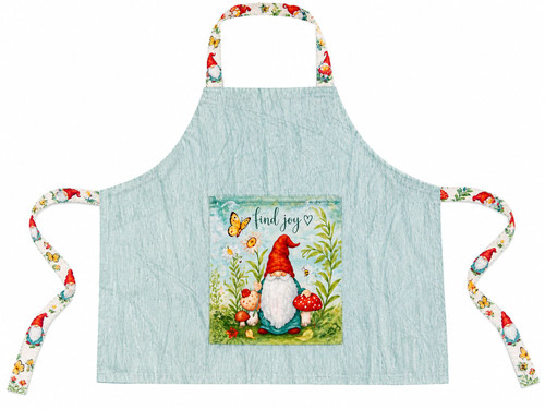 Blue‑green apron with a large gnome‑and‑mushroom pocket featuring flowers and butterflies and matching garden‑themed straps