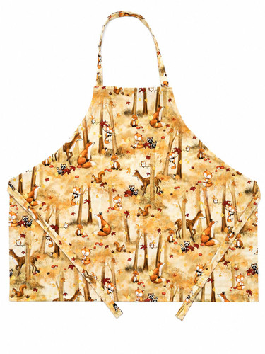 1. Autumn woodland apron featuring foxes, raccoons, squirrels, deer, and owls with matching forest‑pattern neck loop and waist ties