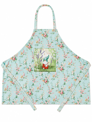 1. Blue‑green floral apron with an 8‑inch square gnome pocket featuring lavender and “bee happy” text, with matching floral straps