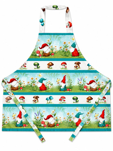 handmade cotton apron with whimsical gnomes and mushroom stripes, matching neck loop and ties