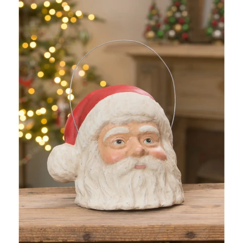 Vintage hand‑painted Santa head bucket with rosy cheeks and wire handle.