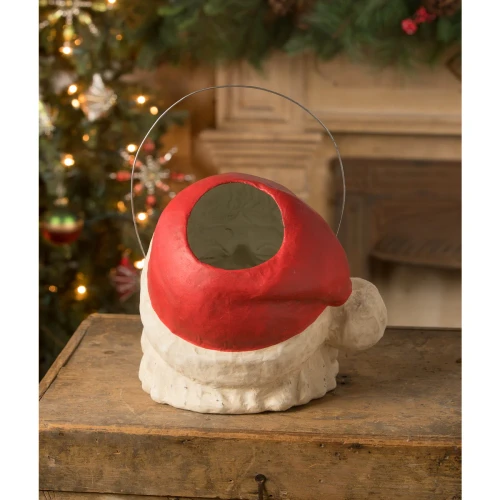 Paper mâché Santa head bucket with open top and wire handle.
