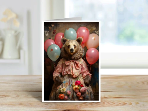 whimsical illustration of miss honeyrose the bear in a vintage floral dress holding pastel balloons