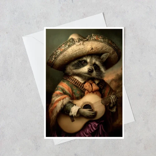 greeting card featuring a mariachi raccoon illustration displayed with a white envelope