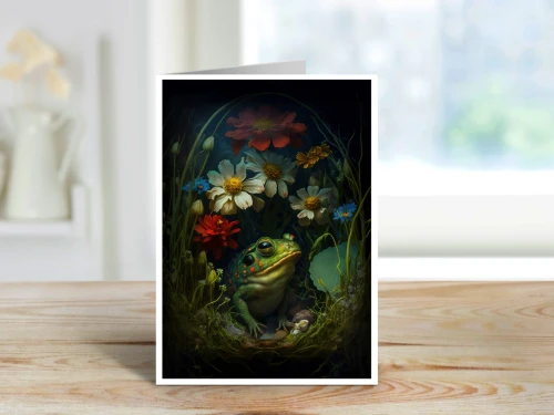 woodland frog sitting among colorful flowers and lush greenery in a botanical scene