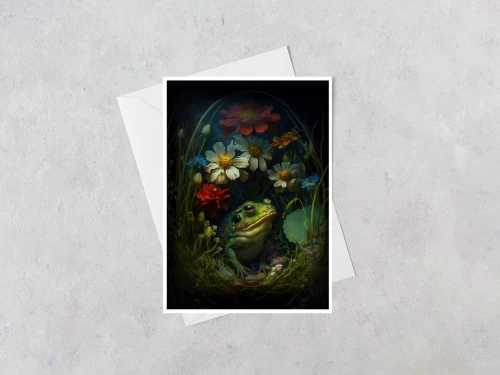 greeting card featuring a detailed frog and wildflower illustration displayed with a white envelope