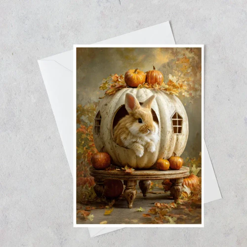 greeting card featuring a whimsical autumn bunny in a pumpkin house displayed with a white envelope