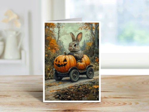 bunny riding in a pumpkin car along a woodland path with autumn leaves