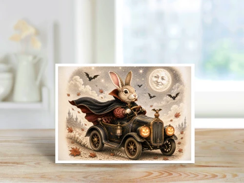 bunny driving a vintage car with glowing pumpkin lanterns under a smiling harvest moon