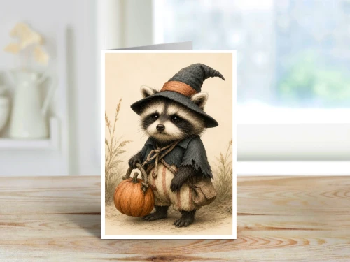raccoon wearing a witch hat carrying a pumpkin in a rustic autumn scene
