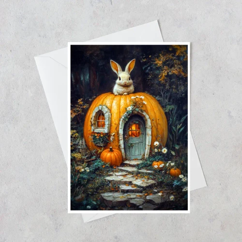 greeting card featuring a whimsical pumpkin house with a woodland bunny displayed with a white envelope