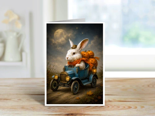 white rabbit driving a vintage blue car carrying glowing jack o lanterns under a harvest moon