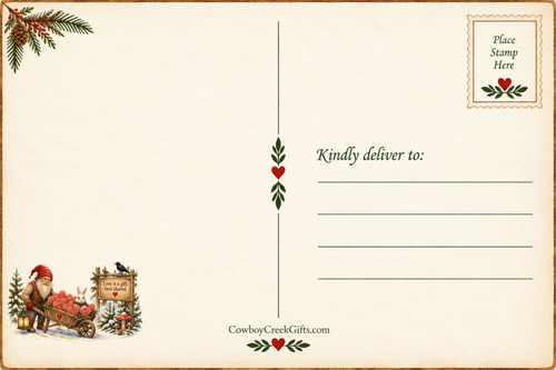 whimsical postcard back with papa gnome pushing wheelbarrow of hearts bunny beside him greenery accents and kindly deliver to address lines