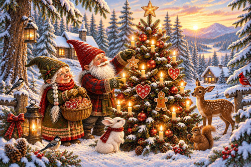 momma and poppa decorating christmas tree with candles gingerbread hearts deer squirrel birds and calamity bunny in snowy forest