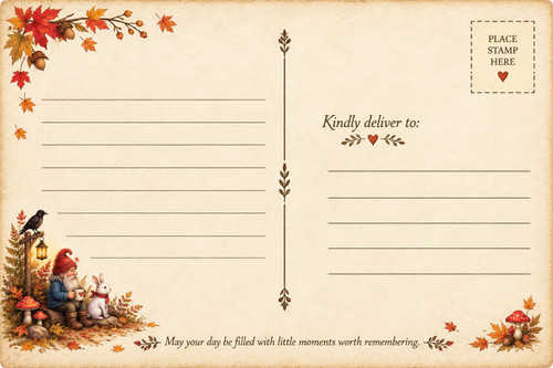 whimsical postcard back with poppa gnome and calamity bunny autumn leaves lantern acorns and kindly deliver to address lines