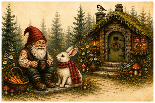 poppa gnome sitting with heart mug calamity bunny beside him carrots basket mushrooms cottage lanterns evergreen forest