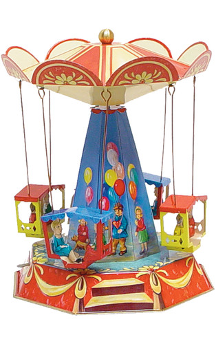 German tin balloon‑tower carousel with four lifting carriages and lever wind‑up action