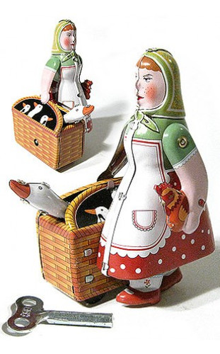 Grandma Gladys with Goose and Rooster Tin Toy