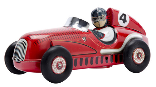 Vintage tin Grand Prix race car with friction motor, rubber tires, and retro packagingTin Toy