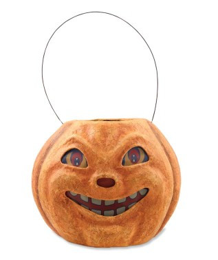 vintage tall paper mache jack o lantern with primitive scuffs and vellum face by bethany lowe