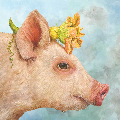 “Napkin featuring Blossom the pig wearing a whimsical flower hat by Vicki Sawyer.”