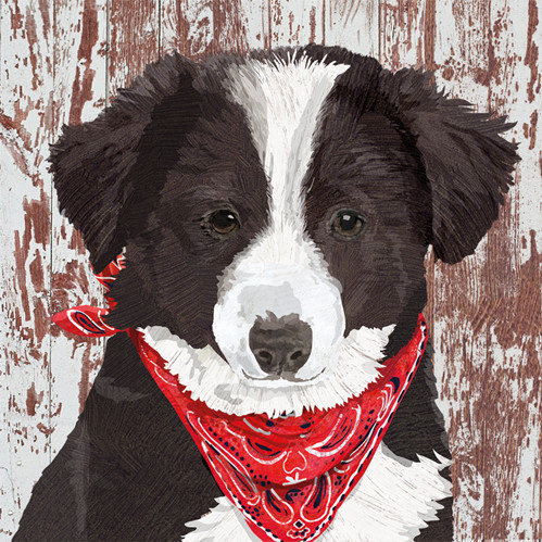 “Napkin featuring Melvin the dog wearing a bandanna, illustrated by Two Can Art.”