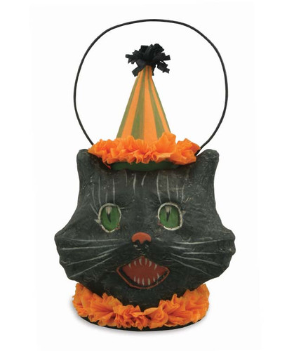 “Miniature hand‑painted papier mâché Sassy Cat with glowing vellum eyes, crepe‑paper ruffles, and removable hat.”