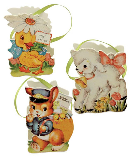 set of three retro wooden mdf mini easter baskets with duck lamb and bunny images printed on both sides with green ribbon handles