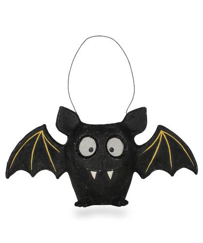 “Vintage hand‑painted papier mâché bat with wide wings, whimsical expression, and rustic wire handle.”